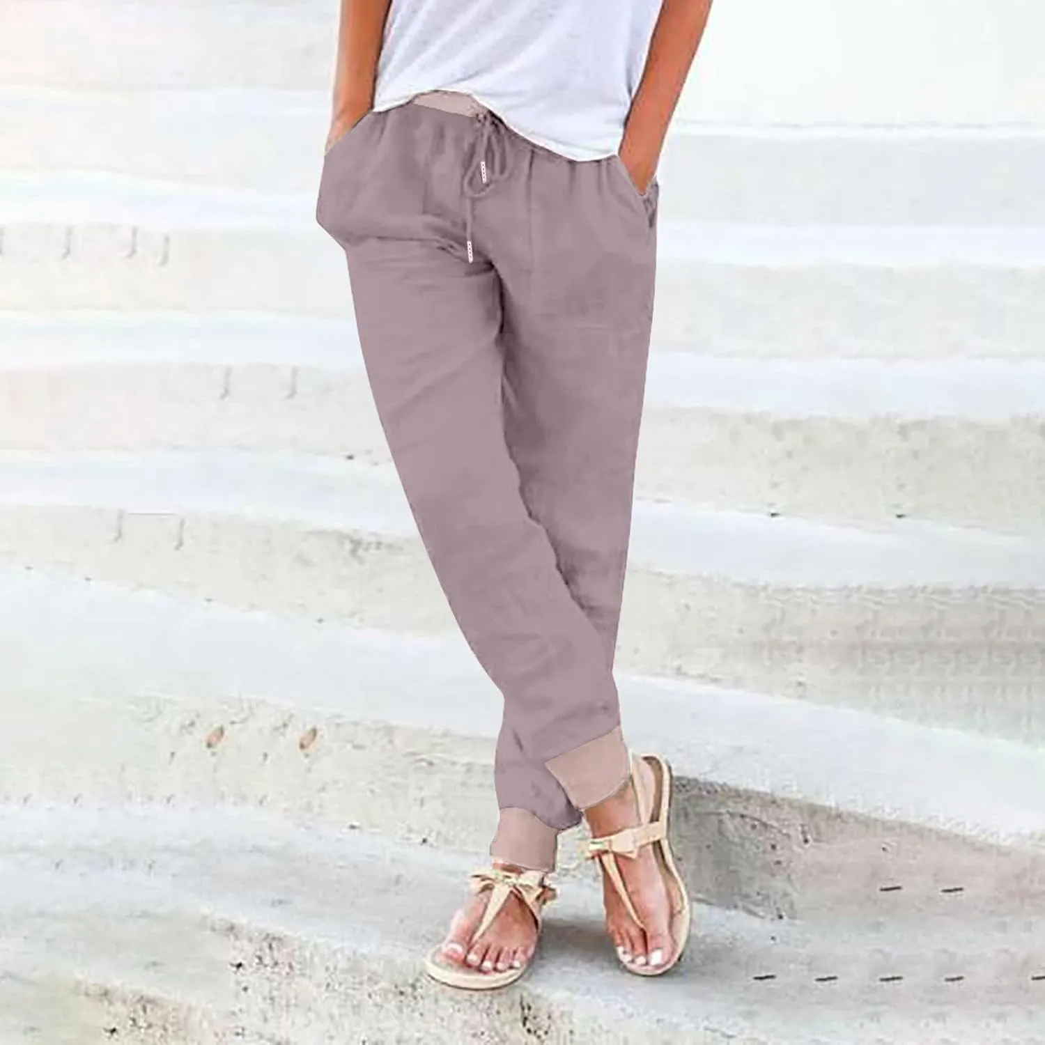 Cotton Linen Pants Women Baggy Casual Summer Beach Solid Color Plus Size High Waist Linen Pants Comfy Lounge Trousers
