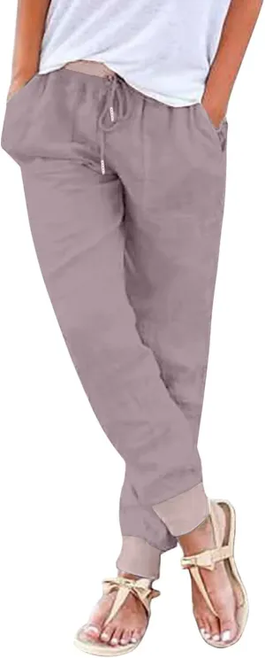 Cotton Linen Pants Women Baggy Casual Summer Beach Solid Color Plus Size High Waist Linen Pants Comfy Lounge Trousers