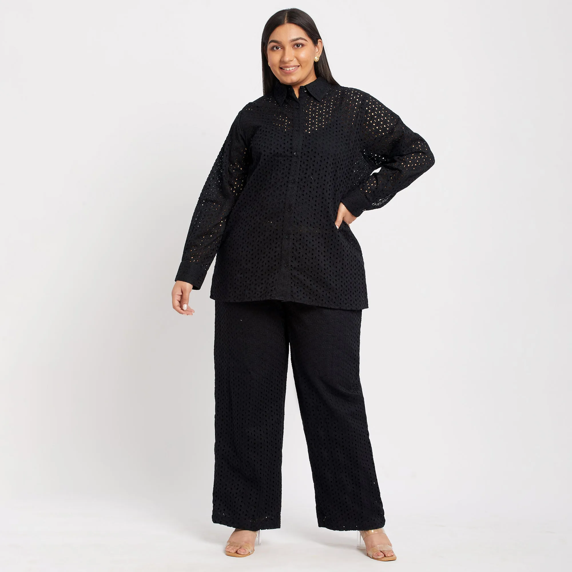 Cotton Schiffli Black Plus Size Co-ord Set