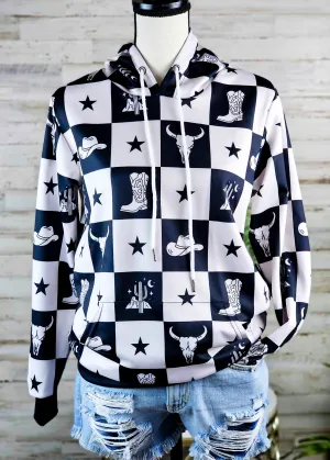 Cream & Black Western Checkered Hoodie