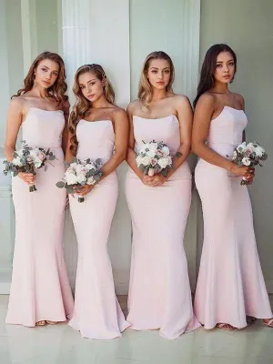 Curved Strapless Light Pink Bridesmaid Dresses