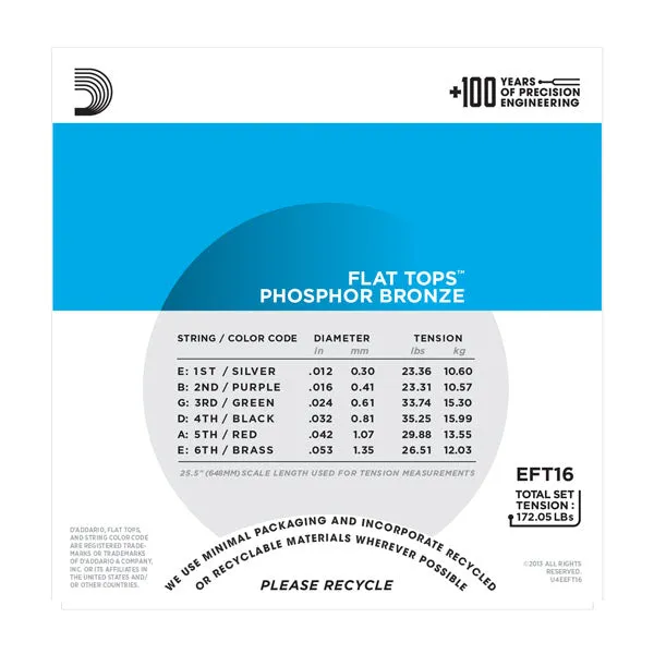 D'Addario EFT16 Flat Tops Phosphor Bronze Acoustic Guitar Strings .012-.053