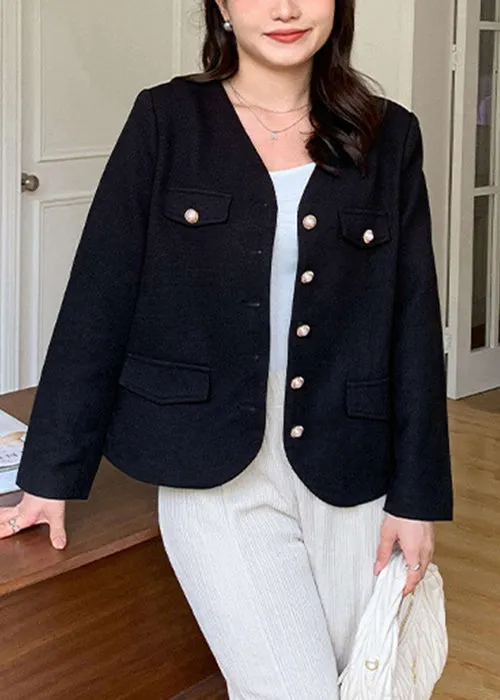 Elegant Black V Neck Button Patchwork Cotton Coats Fall