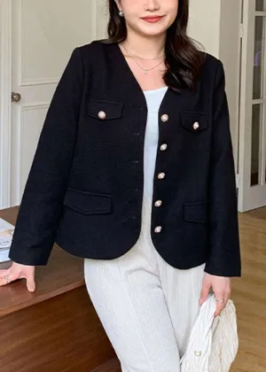 Elegant Black V Neck Button Patchwork Cotton Coats Fall