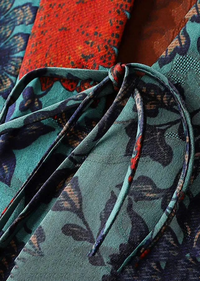 Elegant Blue V Neck Print Tie Waist Silk Coats Long Sleeve ML1419