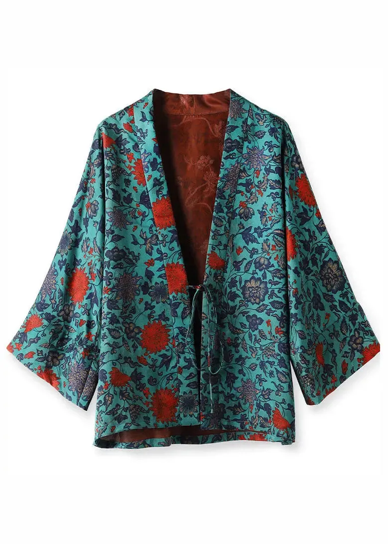 Elegant Blue V Neck Print Tie Waist Silk Coats Long Sleeve ML1419