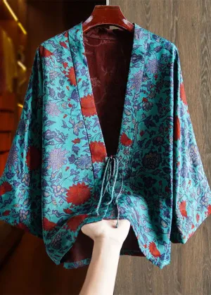Elegant Blue V Neck Print Tie Waist Silk Coats Long Sleeve ML1419