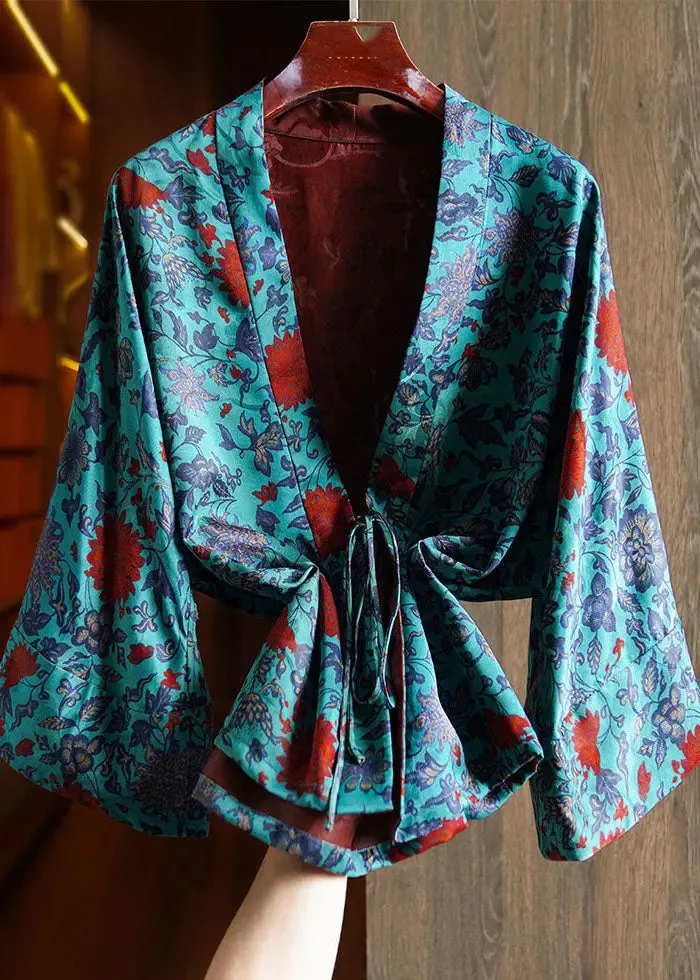 Elegant Blue V Neck Print Tie Waist Silk Coats Long Sleeve ML1419