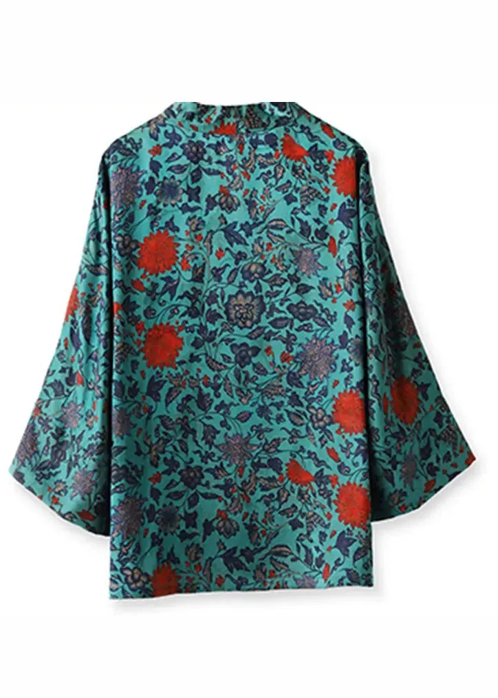 Elegant Blue V Neck Print Tie Waist Silk Coats Long Sleeve ML1419