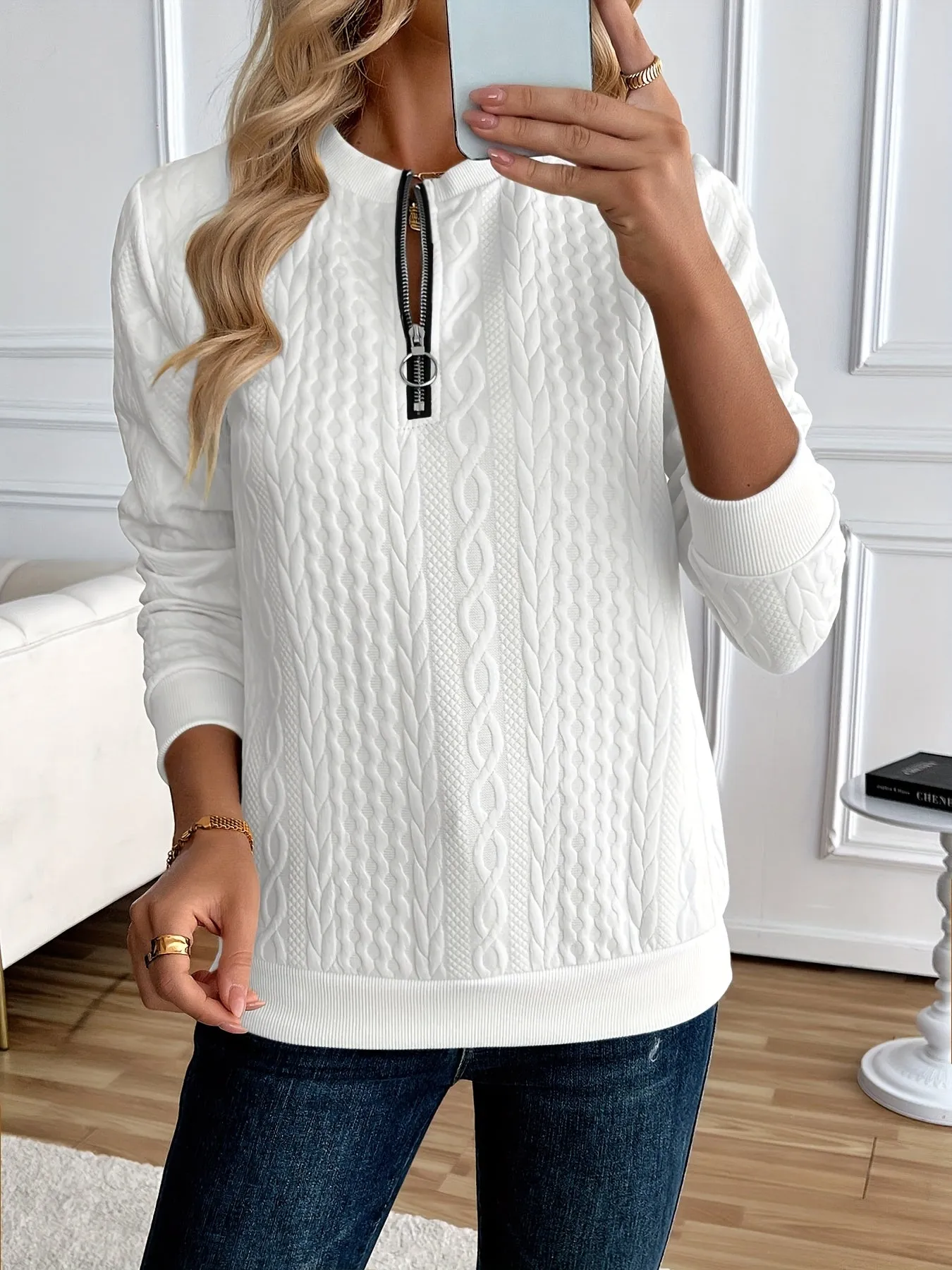 Elegant Solid Color Half-Zip Sweatshirt - Long Sleeve Pullover for Spring/Autumn
