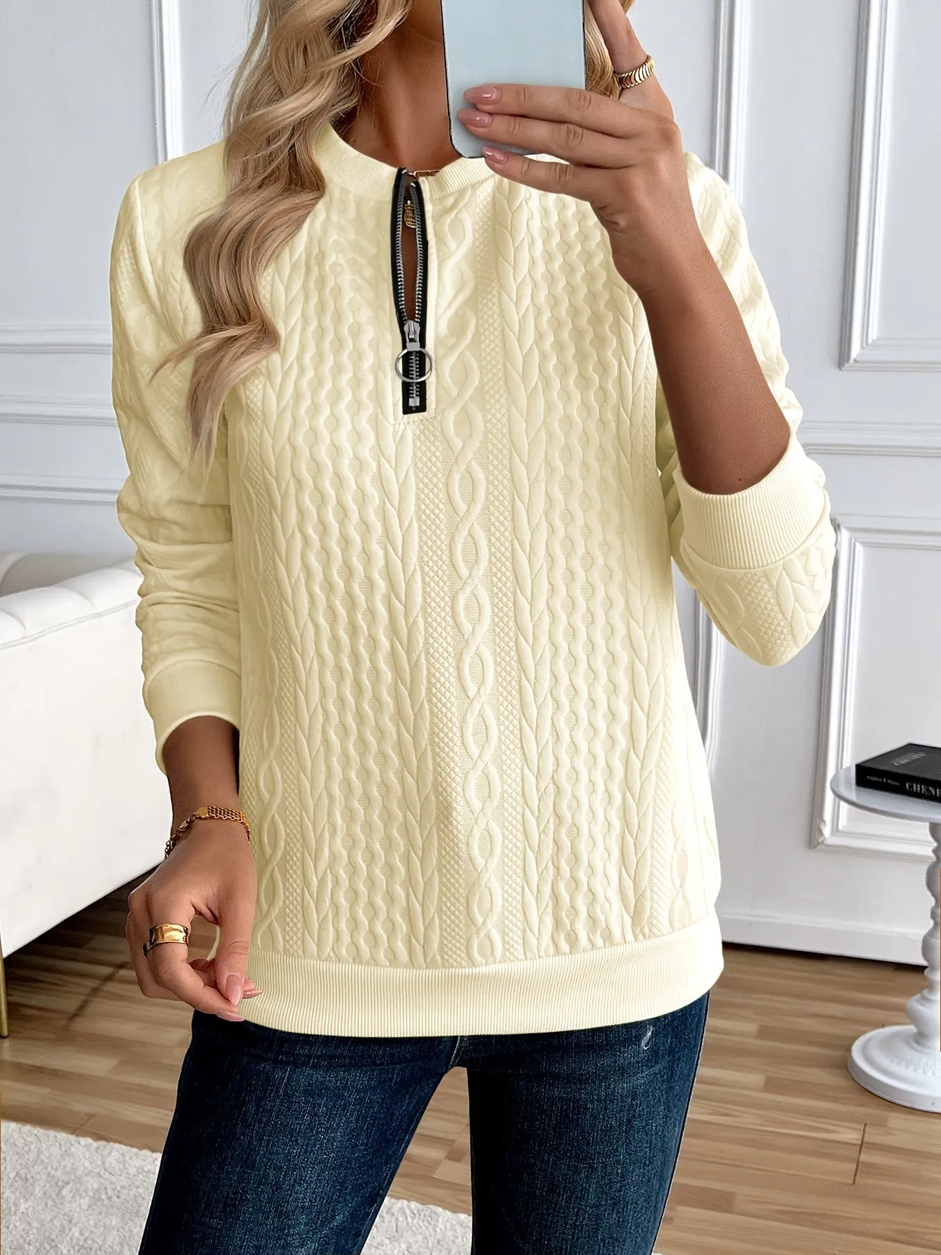 Elegant Solid Color Half-Zip Sweatshirt - Long Sleeve Pullover for Spring/Autumn