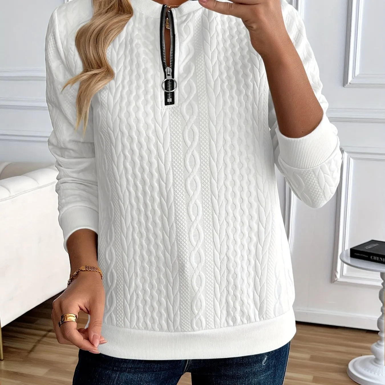 Elegant Solid Color Half-Zip Sweatshirt - Long Sleeve Pullover for Spring/Autumn