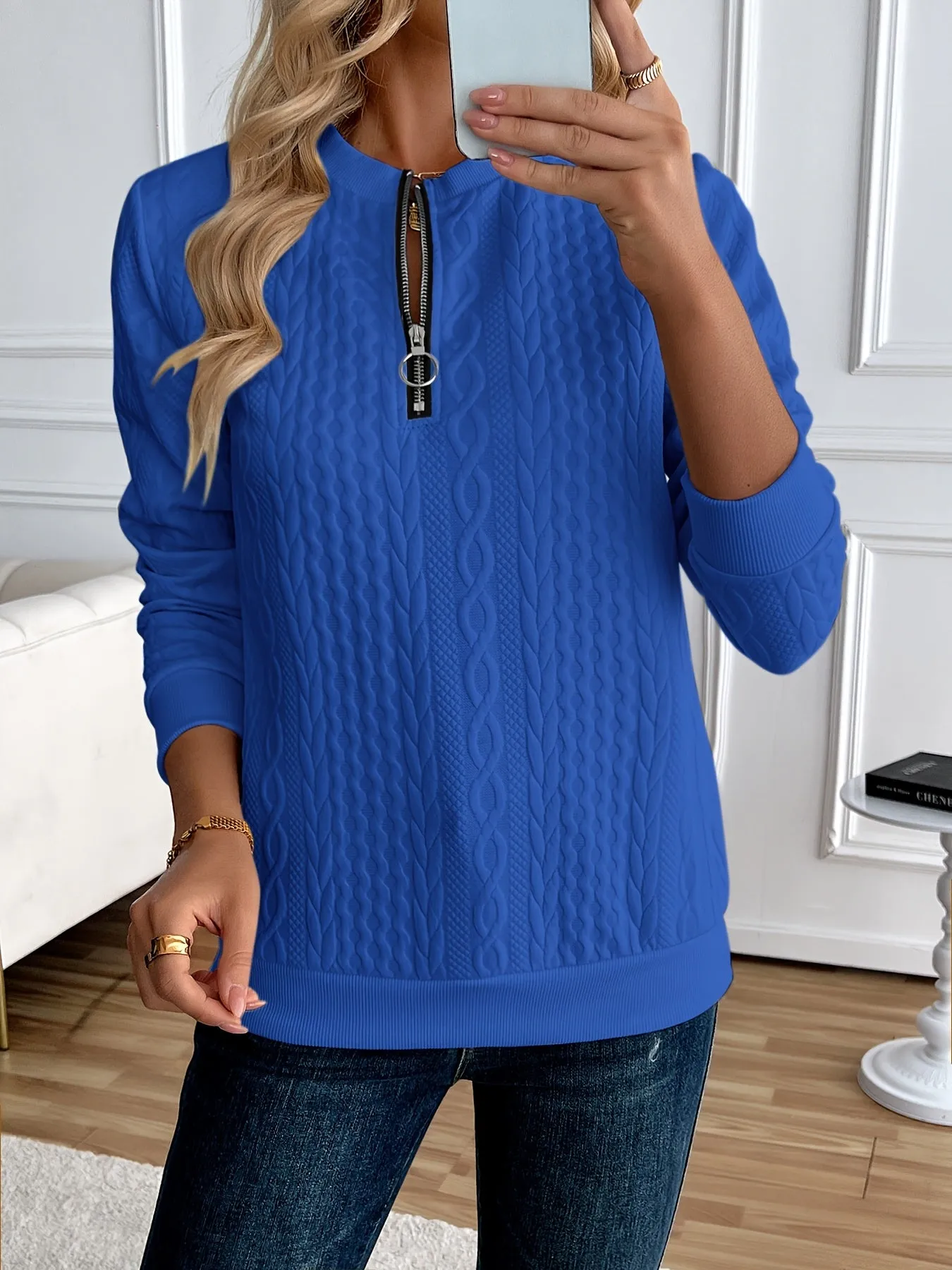 Elegant Solid Color Half-Zip Sweatshirt - Long Sleeve Pullover for Spring/Autumn
