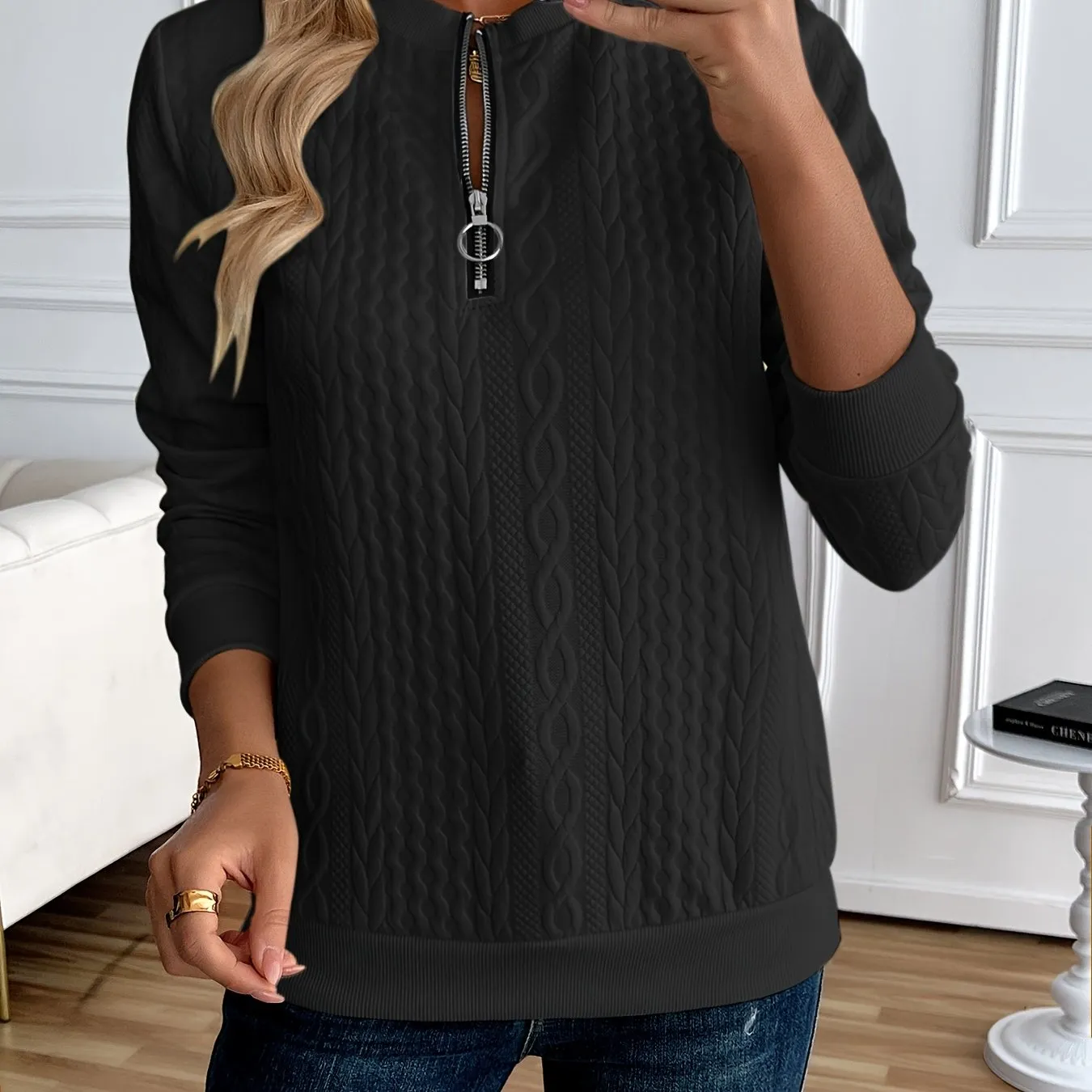 Elegant Solid Color Half-Zip Sweatshirt - Long Sleeve Pullover for Spring/Autumn
