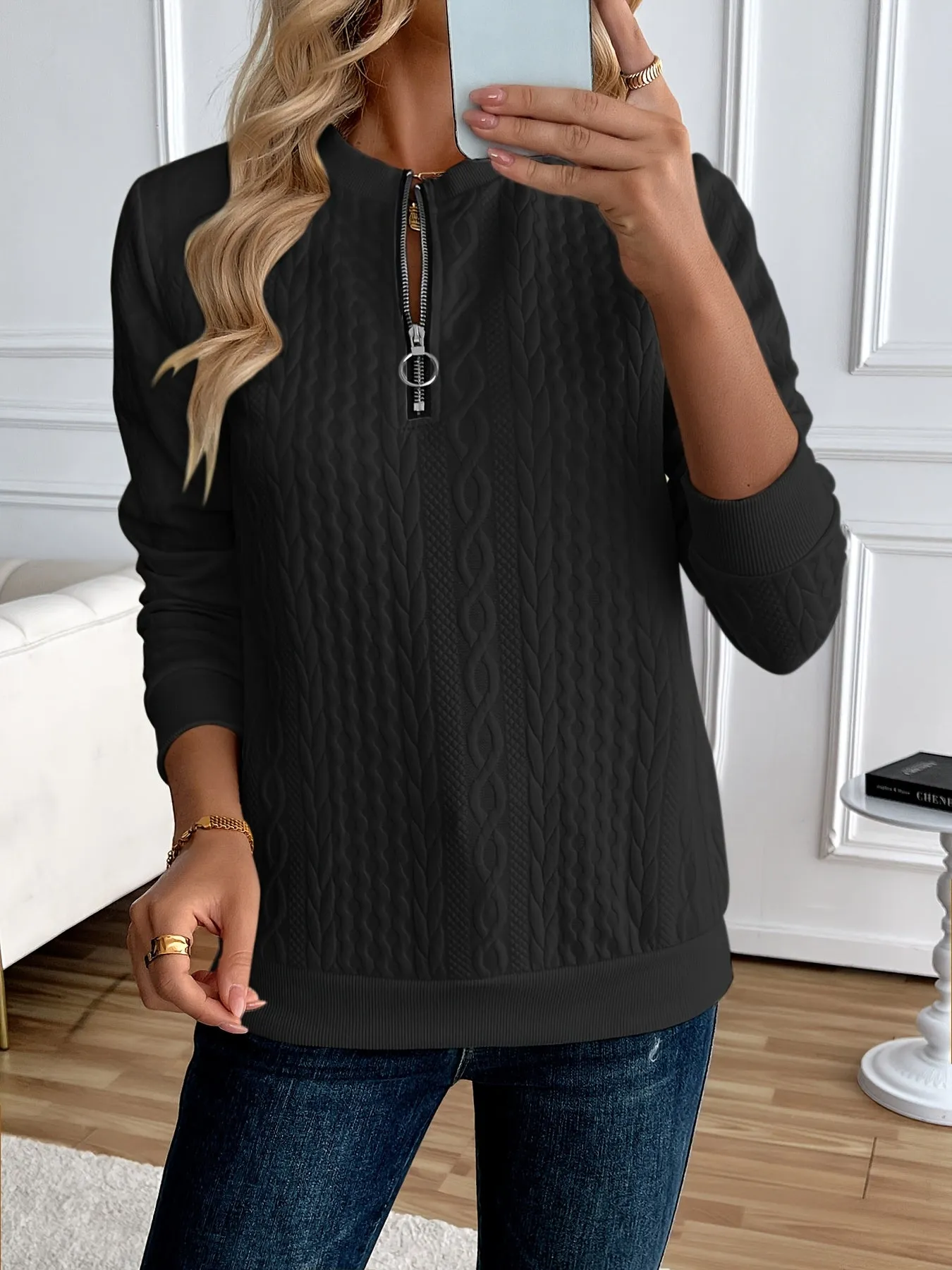 Elegant Solid Color Half-Zip Sweatshirt - Long Sleeve Pullover for Spring/Autumn