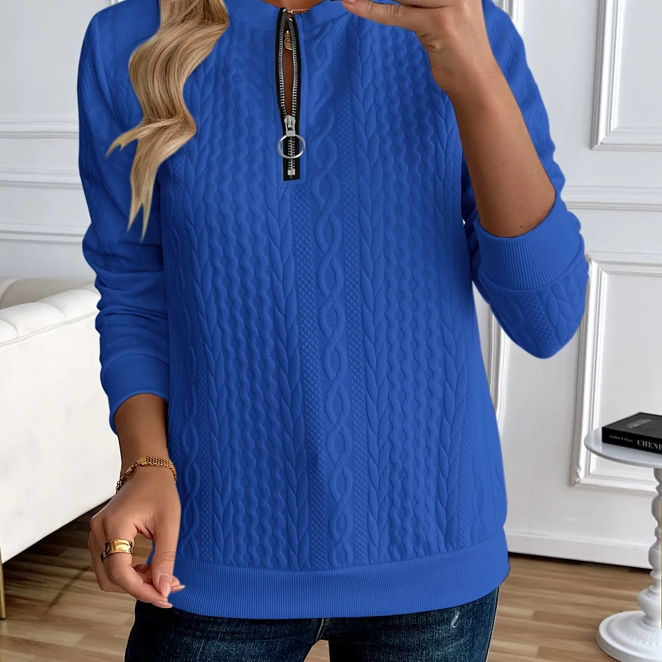 Elegant Solid Color Half-Zip Sweatshirt - Long Sleeve Pullover for Spring/Autumn