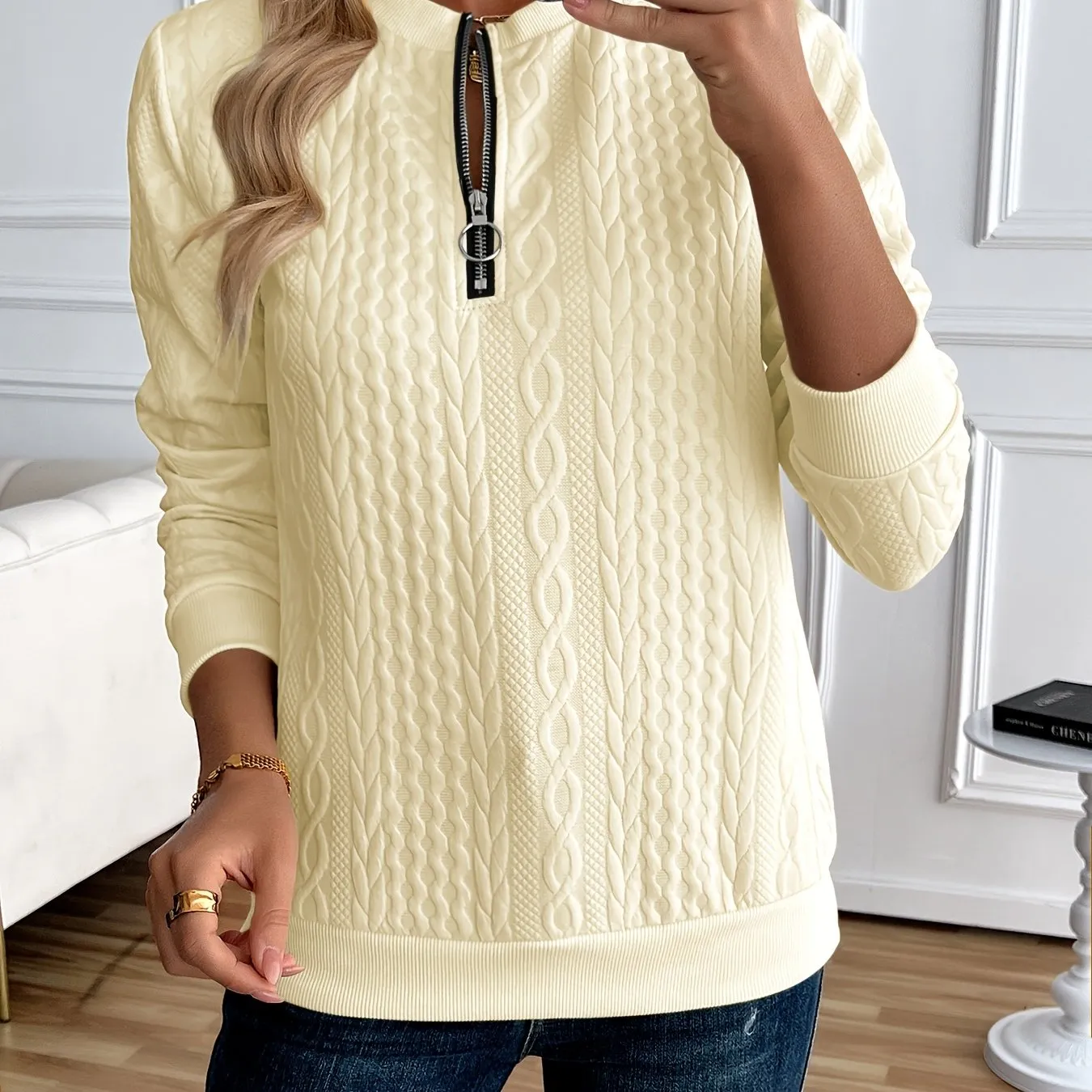 Elegant Solid Color Half-Zip Sweatshirt - Long Sleeve Pullover for Spring/Autumn