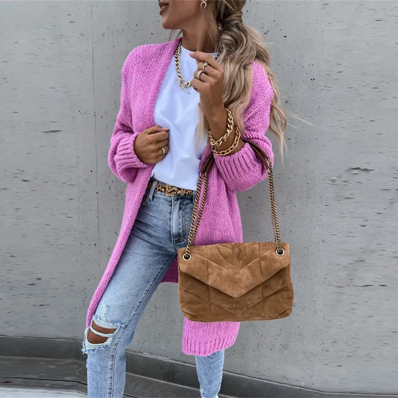 Fashionkova  Women Casual Long Sleeve Knitted Cardigan Autumn Elegant Loose Solid Color Sweater Coats Winter Fashion Straight Midi Outerwear