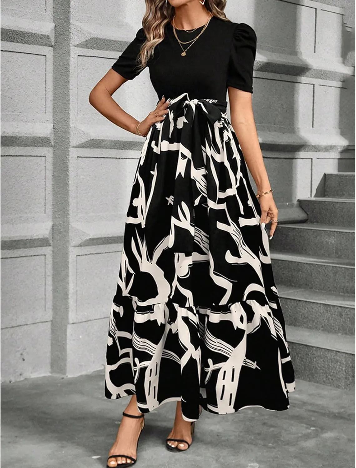 Floral Maxi Dresses for Women Puff Sleeve Tiered Sundress Elegant Tie Waist Work Dress Summer Casual Vacation Dress