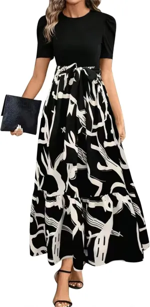 Floral Maxi Dresses for Women Puff Sleeve Tiered Sundress Elegant Tie Waist Work Dress Summer Casual Vacation Dress