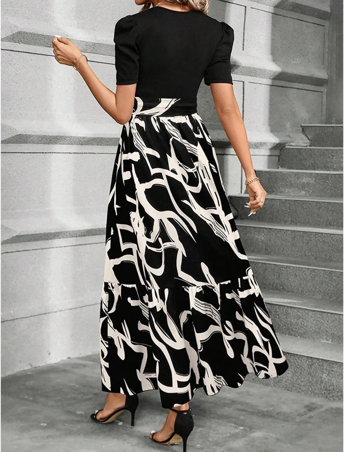 Floral Maxi Dresses for Women Puff Sleeve Tiered Sundress Elegant Tie Waist Work Dress Summer Casual Vacation Dress