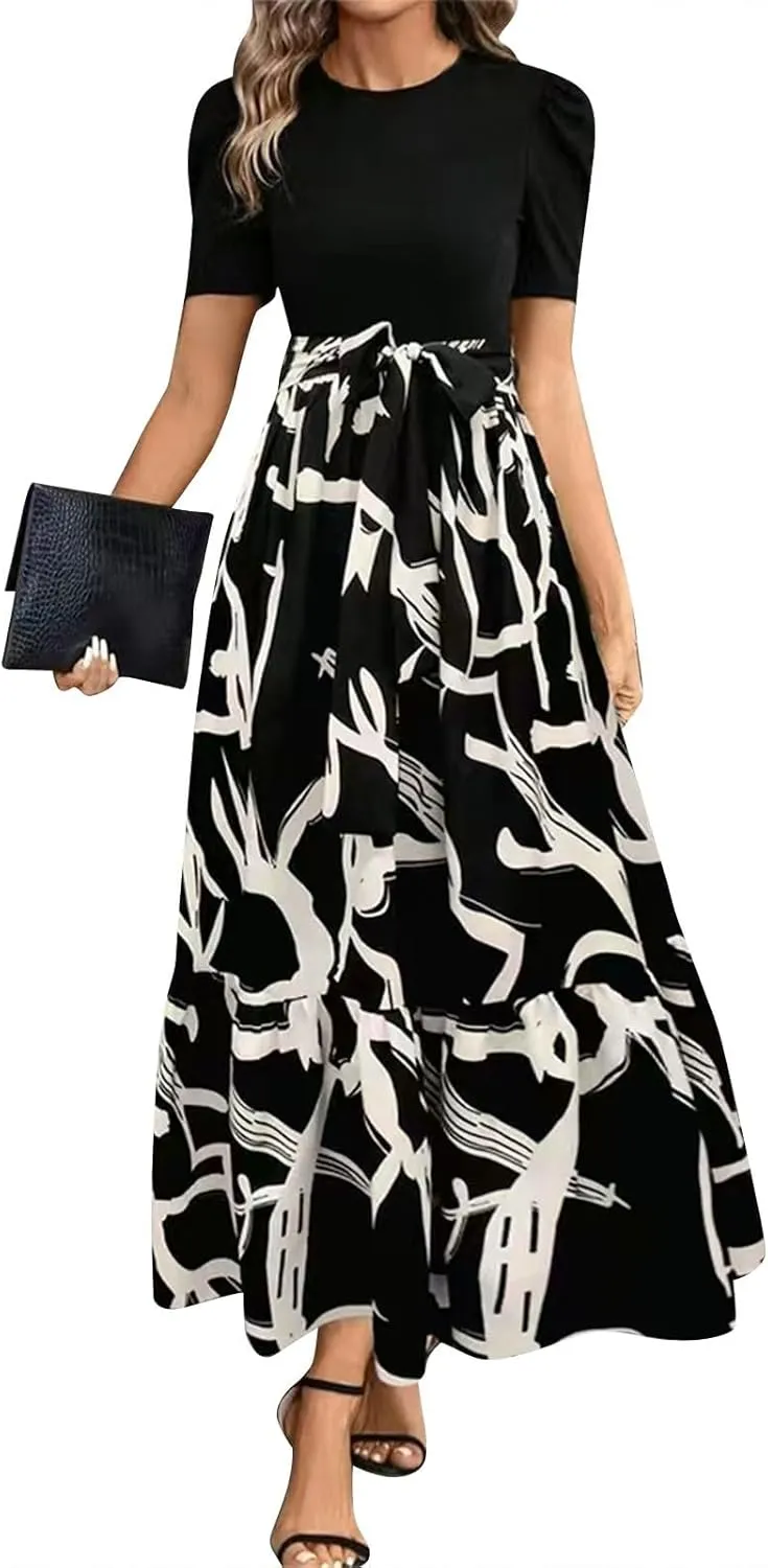 Floral Maxi Dresses for Women Puff Sleeve Tiered Sundress Elegant Tie Waist Work Dress Summer Casual Vacation Dress