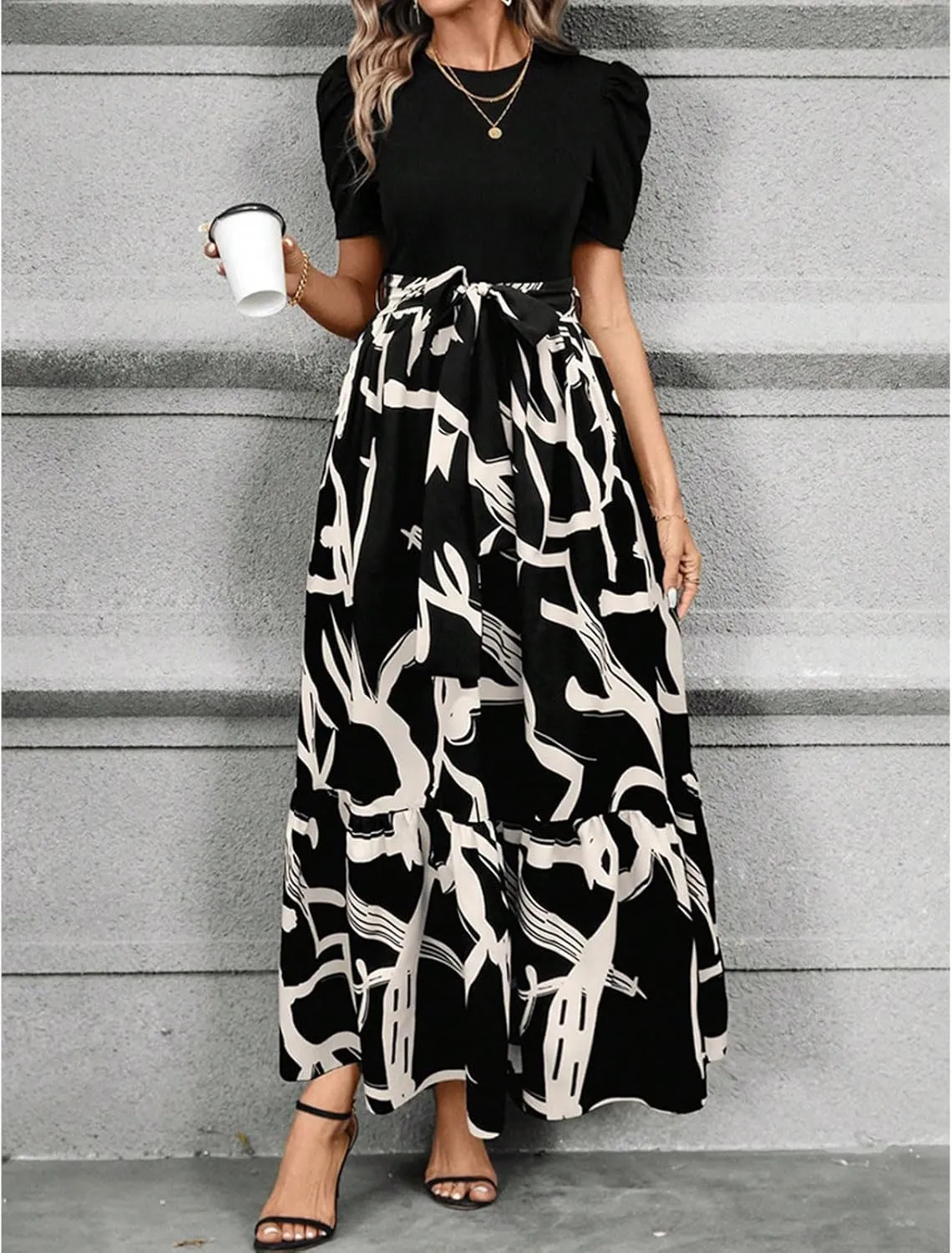 Floral Maxi Dresses for Women Puff Sleeve Tiered Sundress Elegant Tie Waist Work Dress Summer Casual Vacation Dress