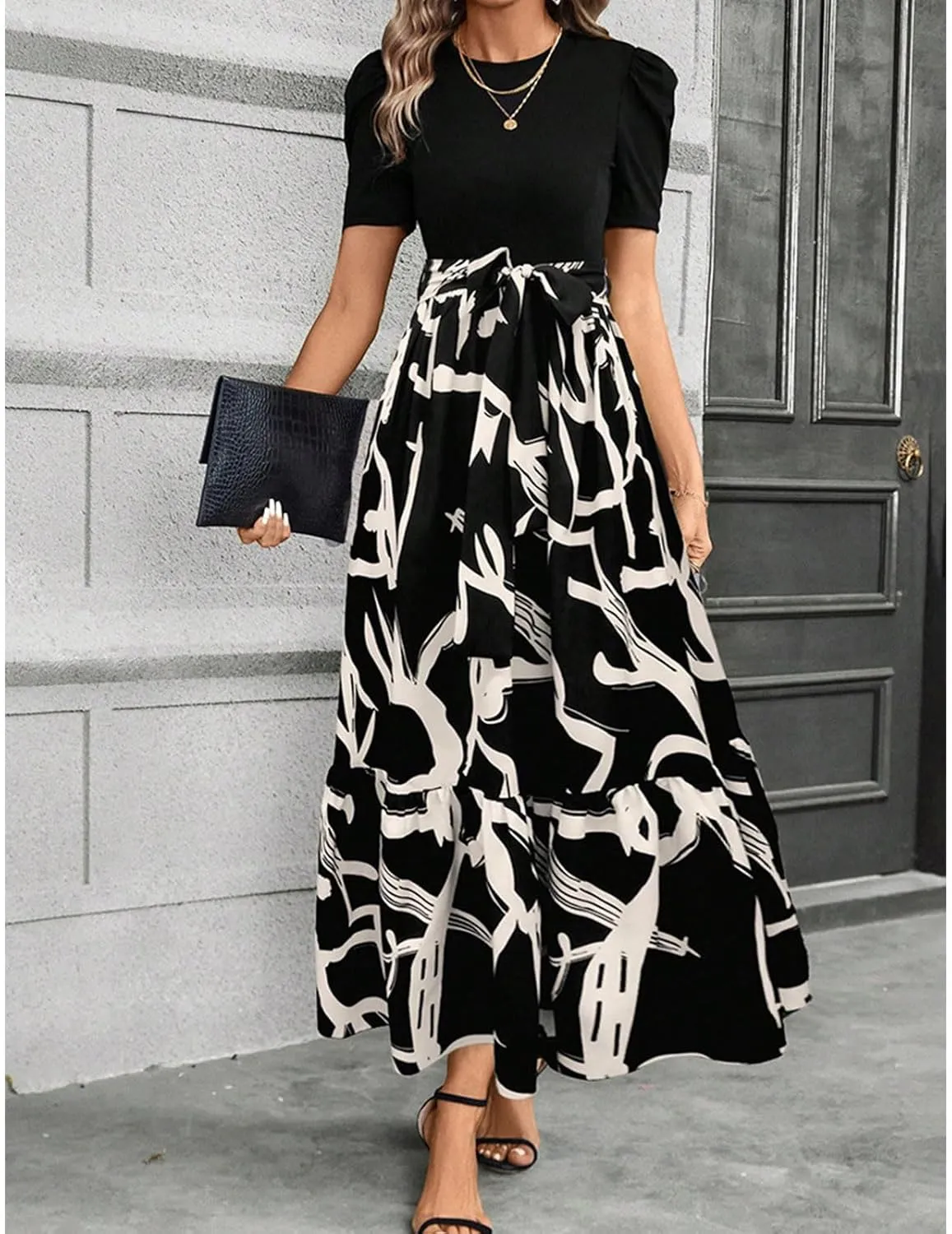Floral Maxi Dresses for Women Puff Sleeve Tiered Sundress Elegant Tie Waist Work Dress Summer Casual Vacation Dress