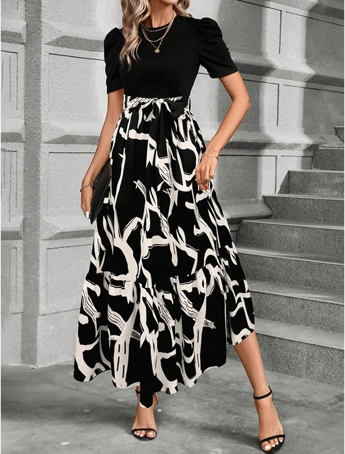 Floral Maxi Dresses for Women Puff Sleeve Tiered Sundress Elegant Tie Waist Work Dress Summer Casual Vacation Dress