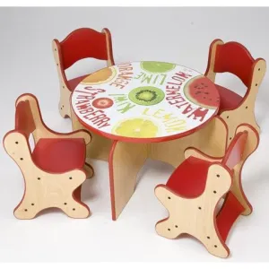 FRESH FRUIT TABLE & 4 RED CHAIRS - RED ON MAPLE FINISH
