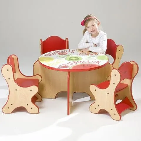 FRESH FRUIT TABLE & 4 RED CHAIRS - RED ON MAPLE FINISH