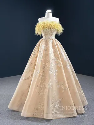 Gold Feather Formal Dress Champagne Lace Prom Dress FD2437 viniodress