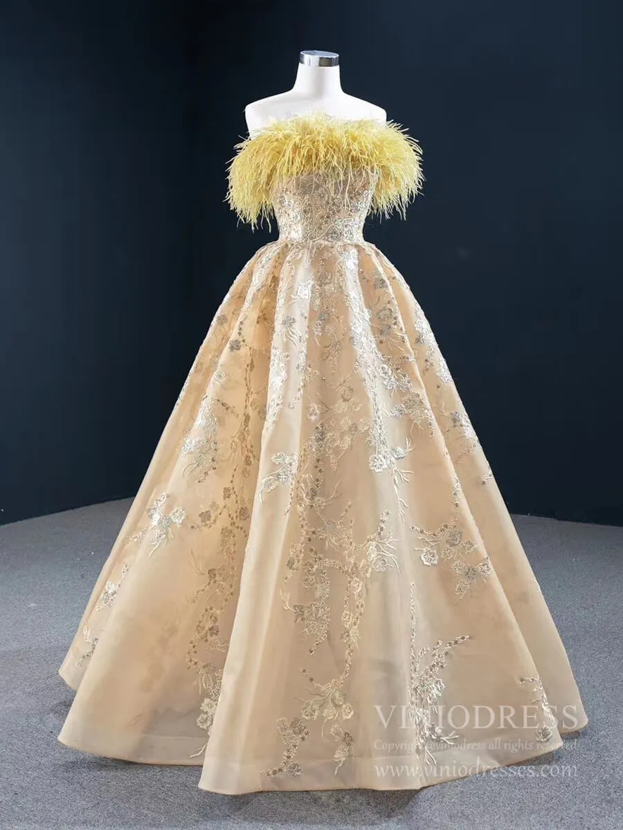 Gold Feather Formal Dress Champagne Lace Prom Dress FD2437 viniodress