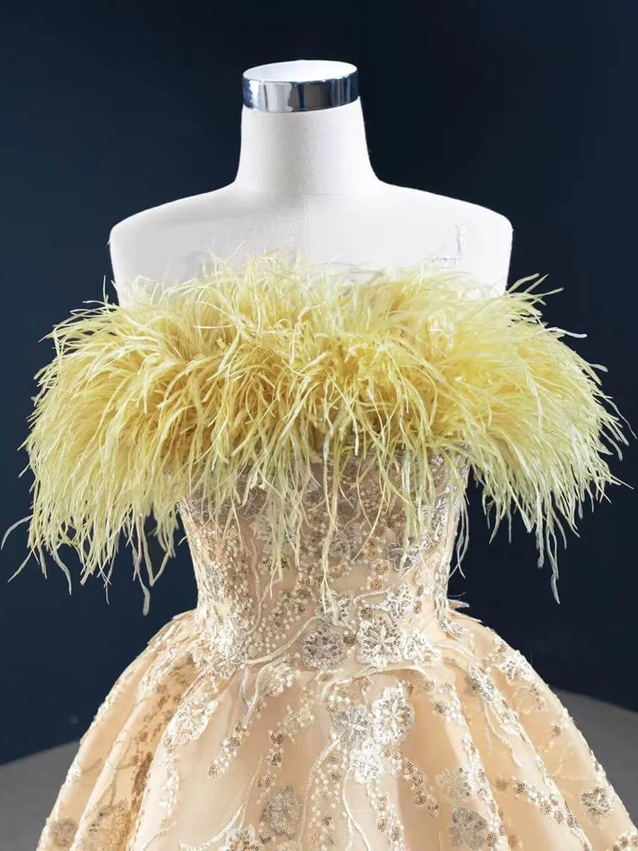 Gold Feather Formal Dress Champagne Lace Prom Dress FD2437 viniodress