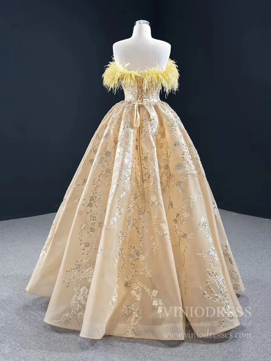 Gold Feather Formal Dress Champagne Lace Prom Dress FD2437 viniodress