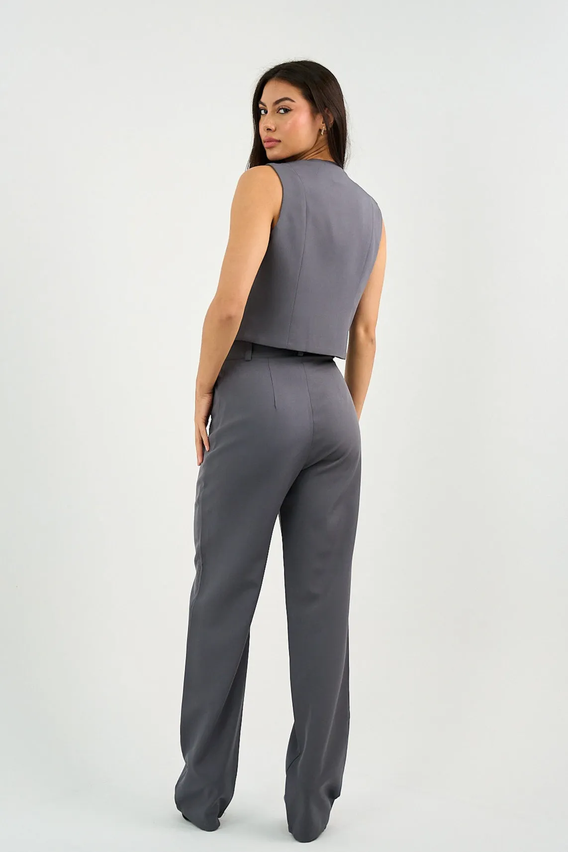 Gray Pleated Straight-Leg Trousers
