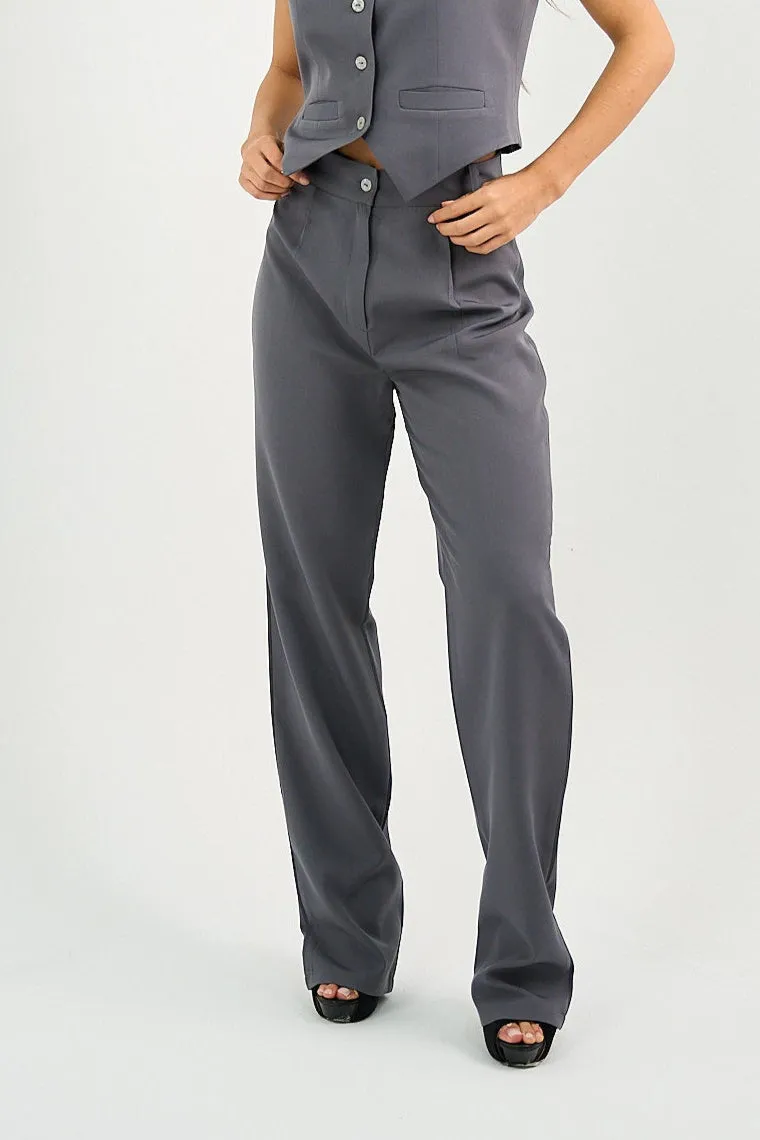 Gray Pleated Straight-Leg Trousers
