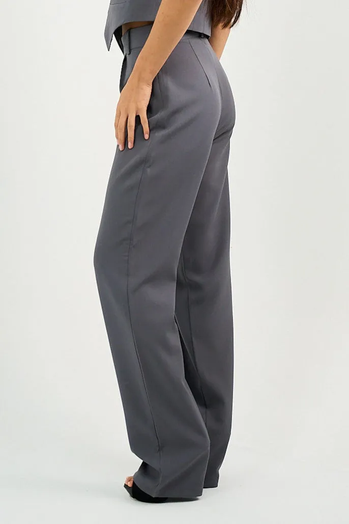 Gray Pleated Straight-Leg Trousers