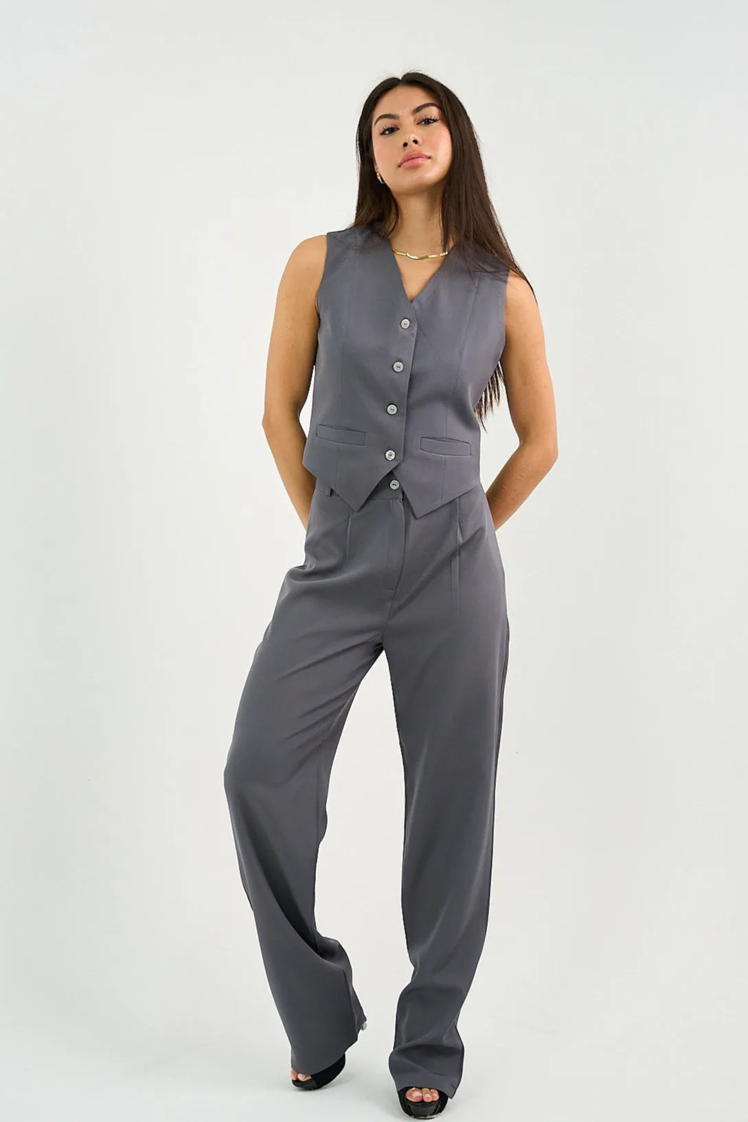 Gray Pleated Straight-Leg Trousers