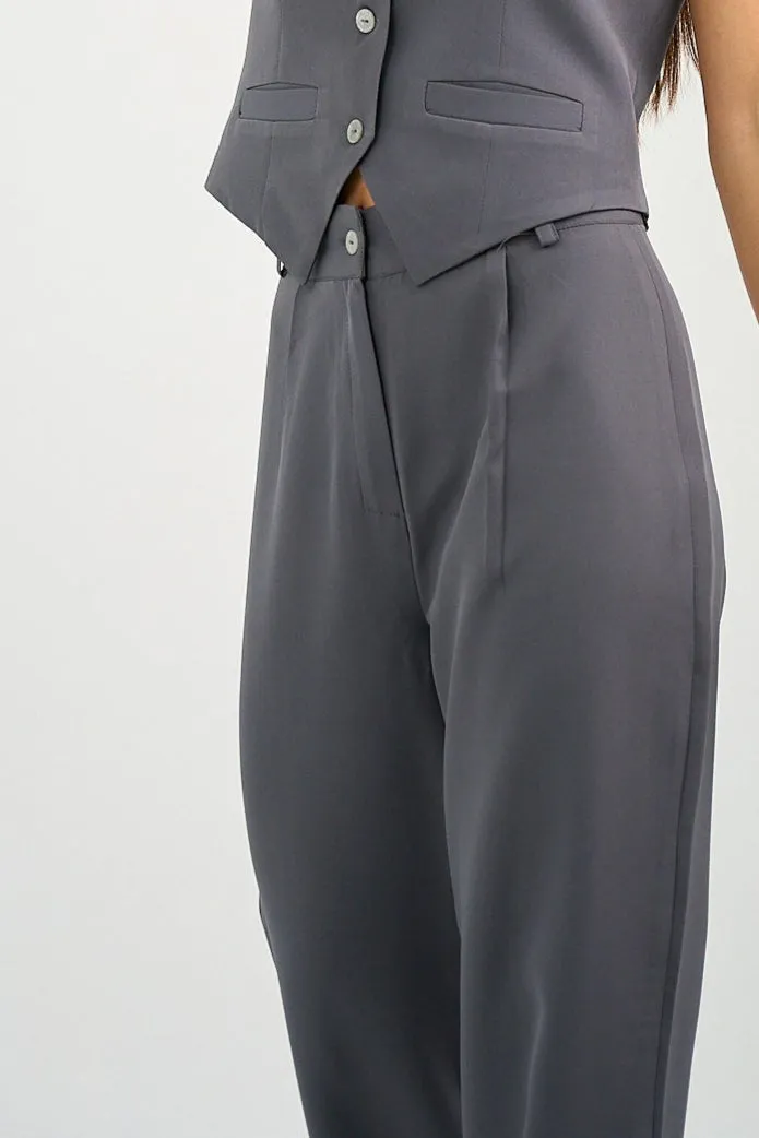 Gray Pleated Straight-Leg Trousers