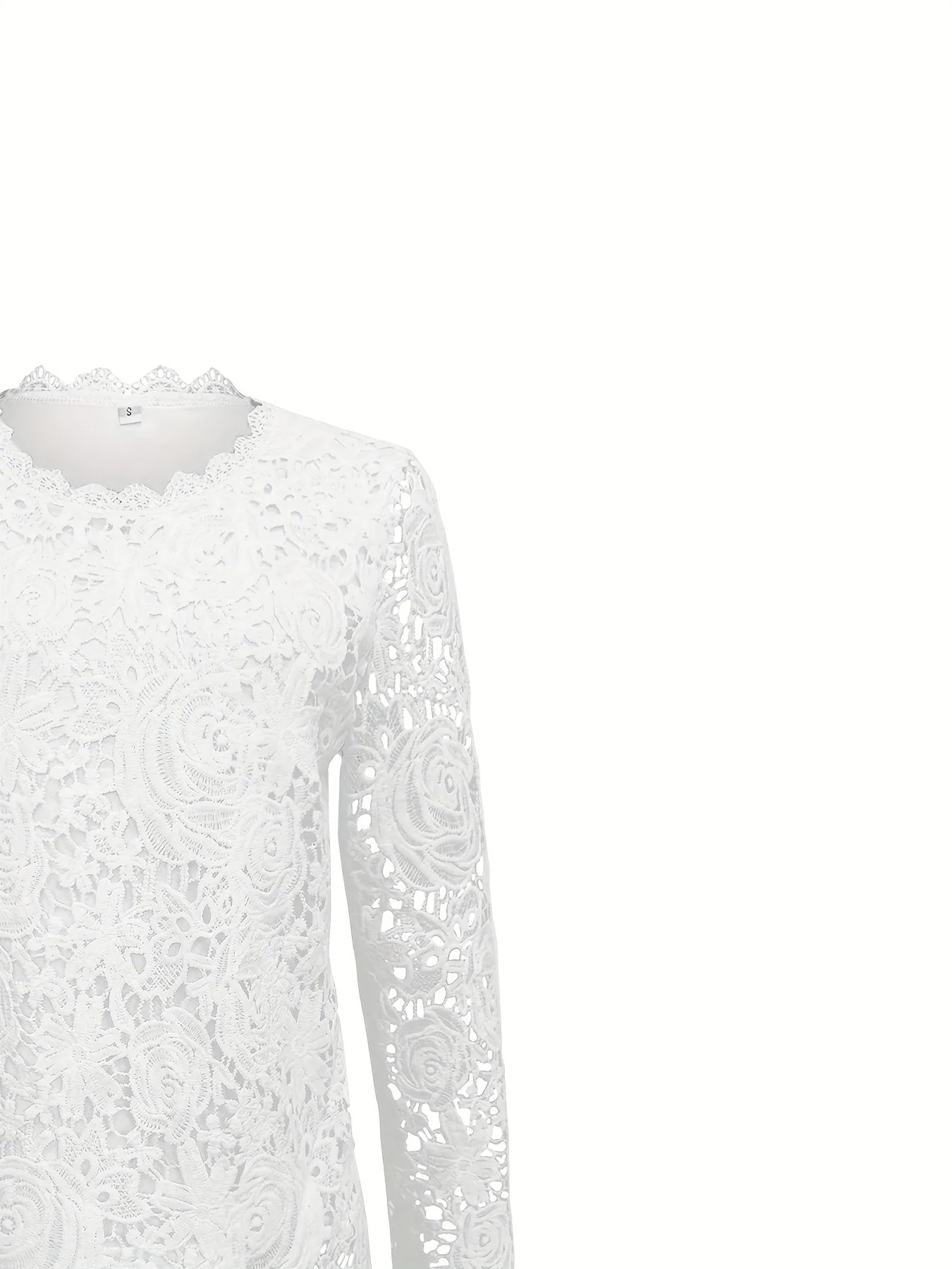 Guipure Lace Scallop Trim T-shirt, Elegant Long Sleeve for Spring/Fall.