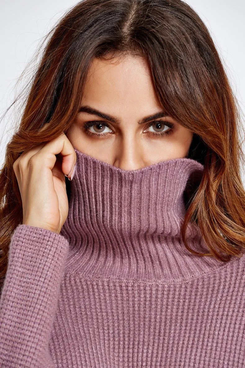 High Neck Dip Hem Slit Loose Short Knit Long Sweater