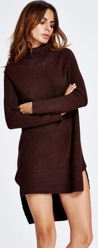 High Neck Dip Hem Slit Loose Short Knit Long Sweater