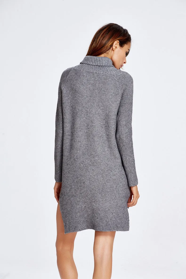 High Neck Dip Hem Slit Loose Short Knit Long Sweater