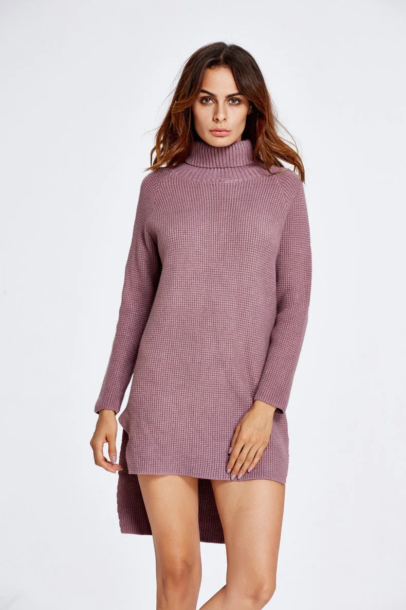 High Neck Dip Hem Slit Loose Short Knit Long Sweater