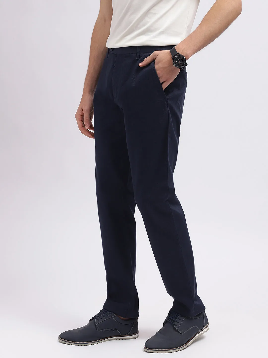 Iconic Men Navy Blue Solid Regular Fit Mid-Rise Trouser