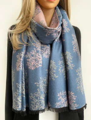 LARGE THICK BLUE BLUSH TREE PRINT REVERSIBLE WINTER SHAWL BLANKET SCARF