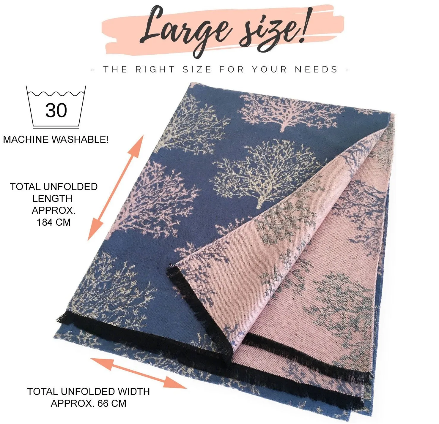 LARGE THICK BLUE BLUSH TREE PRINT REVERSIBLE WINTER SHAWL BLANKET SCARF
