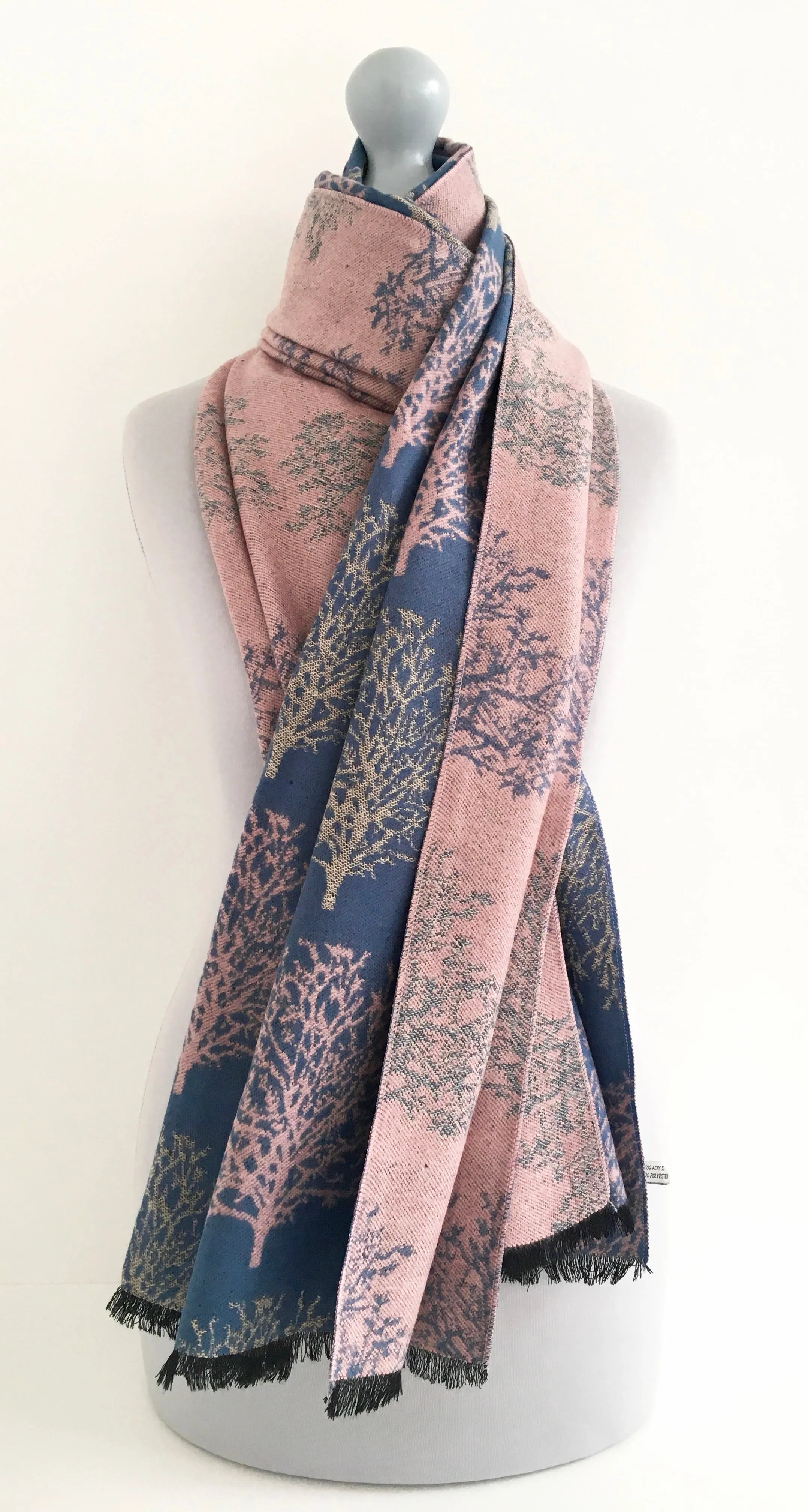 LARGE THICK BLUE BLUSH TREE PRINT REVERSIBLE WINTER SHAWL BLANKET SCARF