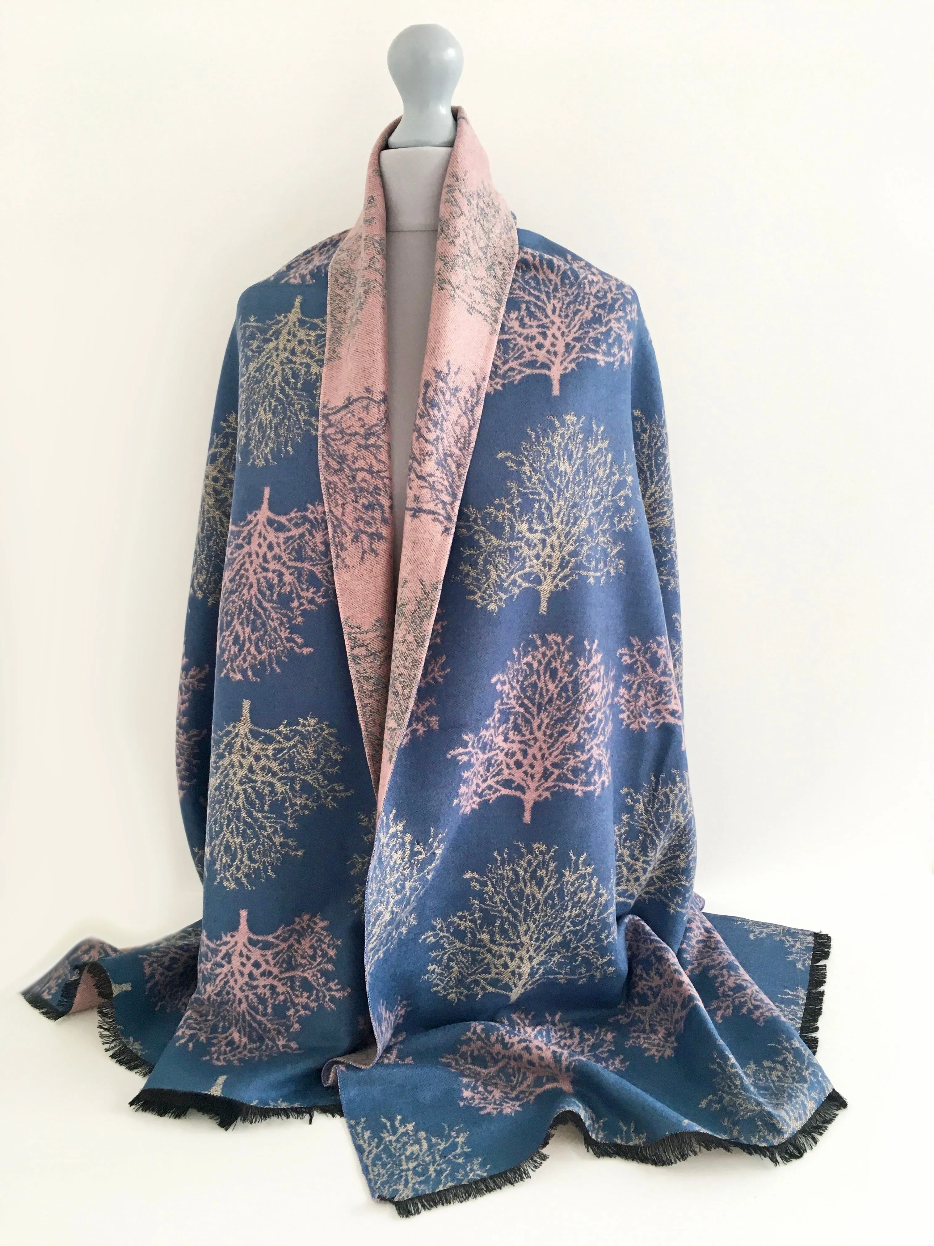 LARGE THICK BLUE BLUSH TREE PRINT REVERSIBLE WINTER SHAWL BLANKET SCARF